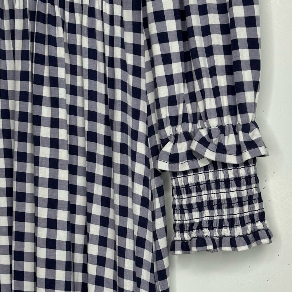 Draper James Kitty Navy Gingham Dress Ruffled Neck Long Sleeve Smocked Cuff Sz S - Picture 8 of 9
